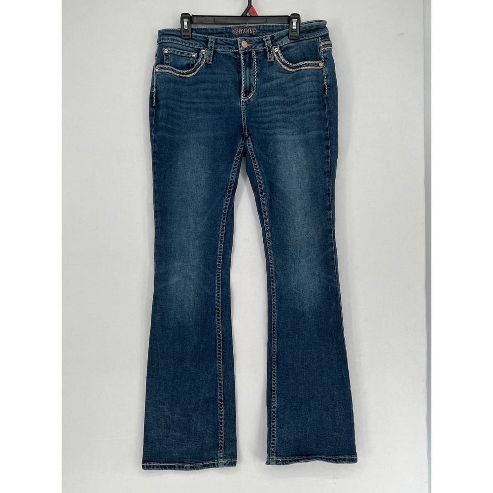 Shyanne Womens Bootcut Jeans Medium Wash Rhinestone Contrast Stitch 33 Regular